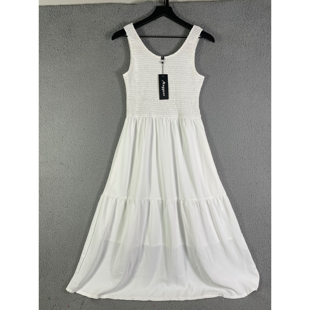 White Smocked Tiered Maxi Dress Sleeveless Beach Vacation Sundress Maggeer M New - Picture 6 of 16